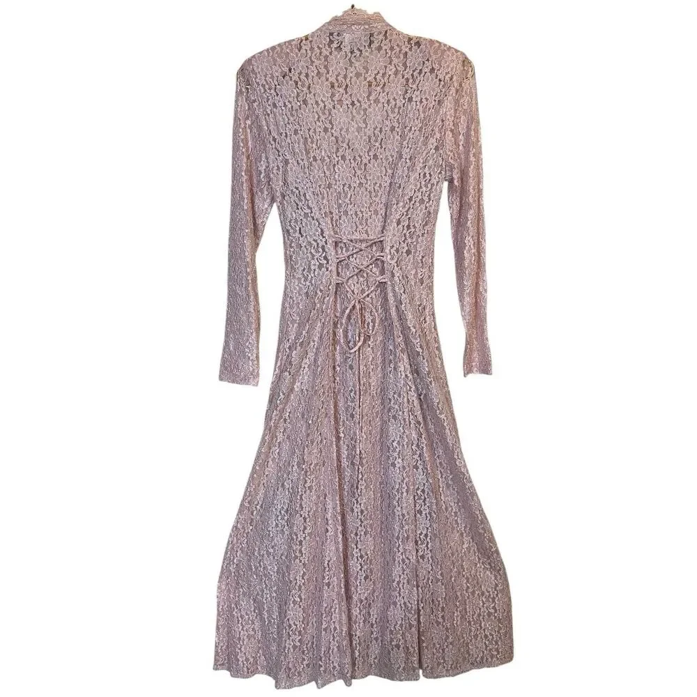 Lace Maxi Dress Vintage Long Sleeve Size 5 Blush Pink Coquette Formal Wear - Picture 3 of 16